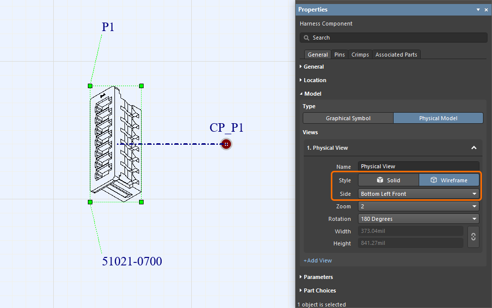 Optional connector view in the layout editor set to physical view (3D "footprint" model) Optional connector view in the layout editor set to physical view (3D